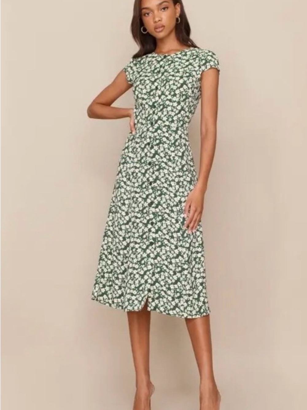 Reformation Green and White Floral Fauna Midi Dress